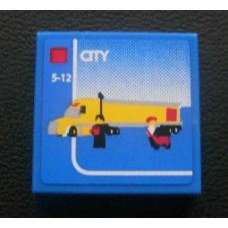 Part 3068bpb0321 Blue Tile 2 x 2 with Yellow Lego Truck and 'CITY' and '5-12' Set Box Pattern (Sticker) - Set 3221 